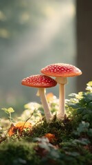 Two Red Mushrooms in a Forest
