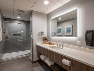 Modern Bathroom Interior Design with Shower and Vanity Mirror in a Contemporary Home Setting, Clean Lines and Neutral Colors, Architectural Shot