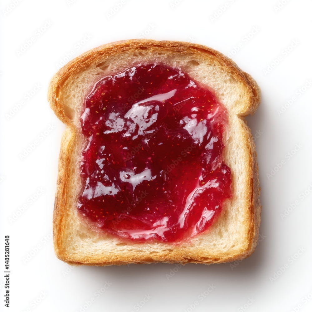 Poster overhead shot of toast with red jam spread on top on a white background in studio lighting for break
