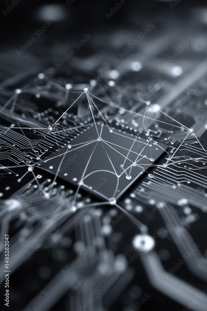 Poster close-up of computer chip connecting nodes, artificial intelligence network, neural network, technol
