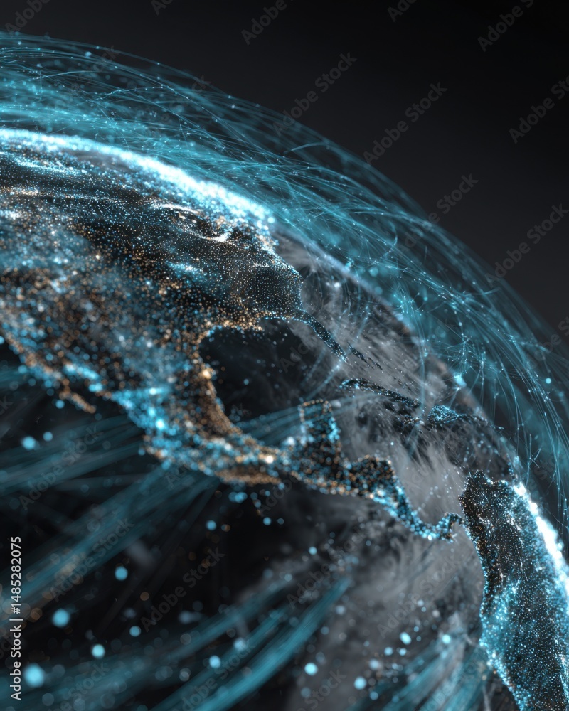 Poster global network visualization showing data streams over north america in a digital rendering with glo