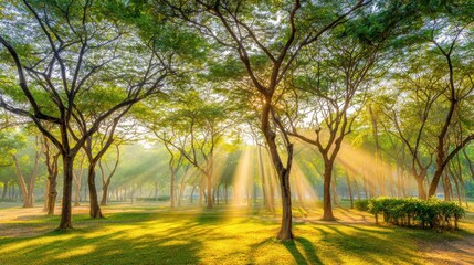 Obraz premium Tranquil Forest Scene with Sunlight Streaming Through Trees at Dawn in Park Landscape Photography