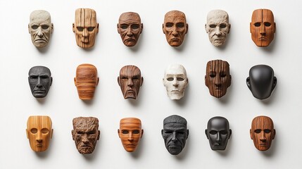 Stylized Facial Feature Variations Grid: A Collection of Textured Sculptures