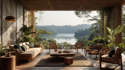 Serene eco-friendly living room overlooking lake and forest, natural light, wide angle, sustainable design, tropical location