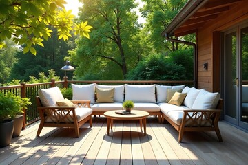 Fototapeta premium Relaxing patio furniture set on a sunny deck, ready for outdoor enjoyment , greenery, tranquility, elegant