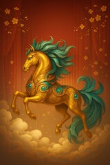 Fototapeta premium A Majestic Golden Horse with Flowing Turquoise Mane Erupts from Cloudy Skies Under an Orange Dreamlike Background, Symbolizing Strength and Elegance in Fantasy Art