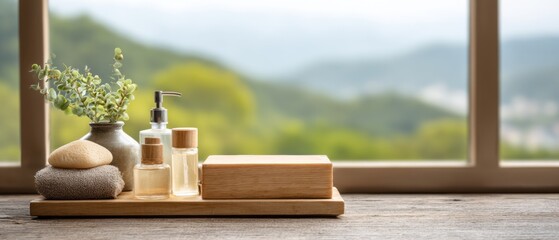 Obraz premium Spa Still Life Displayed by Window with Mountain View featuring Eucalyptus and Natural Products on Wooden Tray