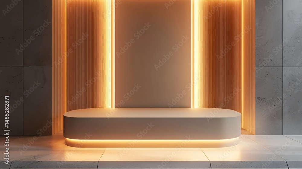 Poster minimalist product display platform with warm lighting in studio setting for mockup presentation