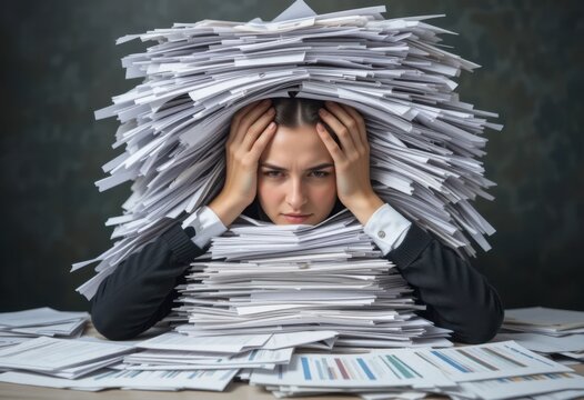 Mujer de negocios estresada con la cabeza entre las manos, enterrada bajo una enorme pila de papeles desorganizados e informes financieros