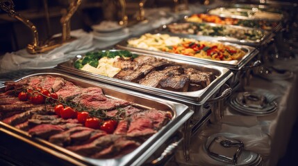 Elegant Buffet Table Displaying Various Meats Vegetables and Pasta Dishes in Silver Chafing Dishes Close Up Food Photography