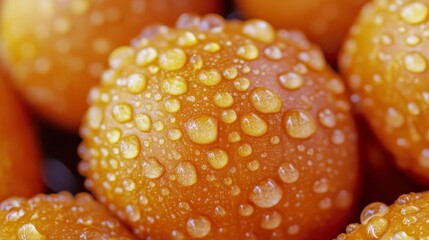 Close-up of fresh, orange tomatoes covered in water droplets.