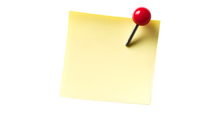 Bright Yellow Sticky Note with Red Pin on Clean White Background for Professional Use