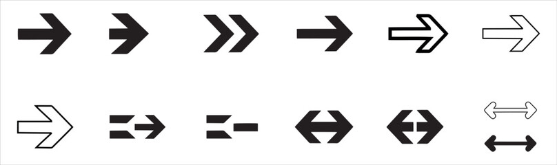 Set of black arrow icons. Various packaging symbols. Motion pointers. Site and player control buttons. Flat style logos.