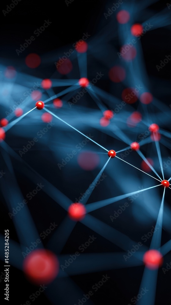 Poster abstract network connection with red spheres and blue lines on dark background close up view