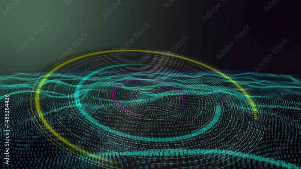 Poster 3d render binary digits undulating under pulsing neon teal, yellow, purple rings