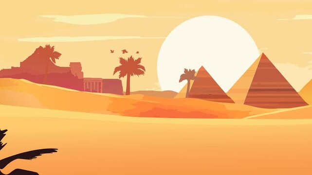 Stylized Parallax Animation of Egyptian Pyramids in Desert at Sunset
