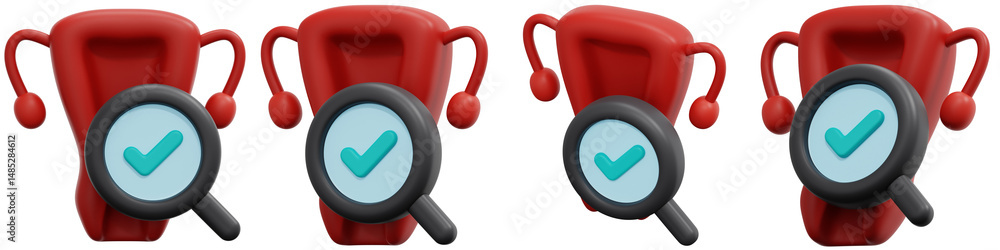 Poster set of 3d rendered red uterus model with check mark and magnifying glass 3d render icon illustration
