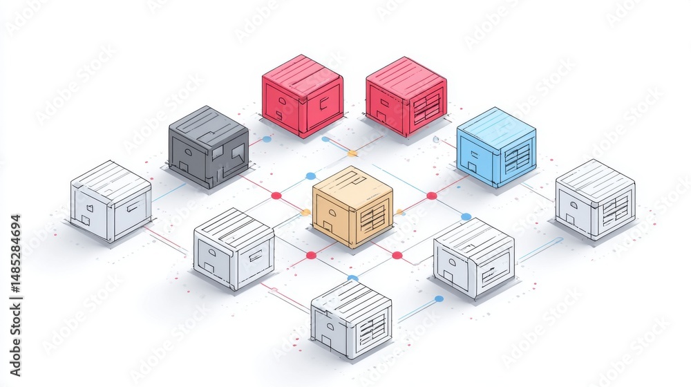 Aufkleber isometric network of connected boxes on white backdrop; blockchain technology, data storage, abstrac