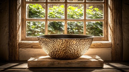 Fototapeta premium Rustic bowl on wooden table with bright view through vintage window in natural light