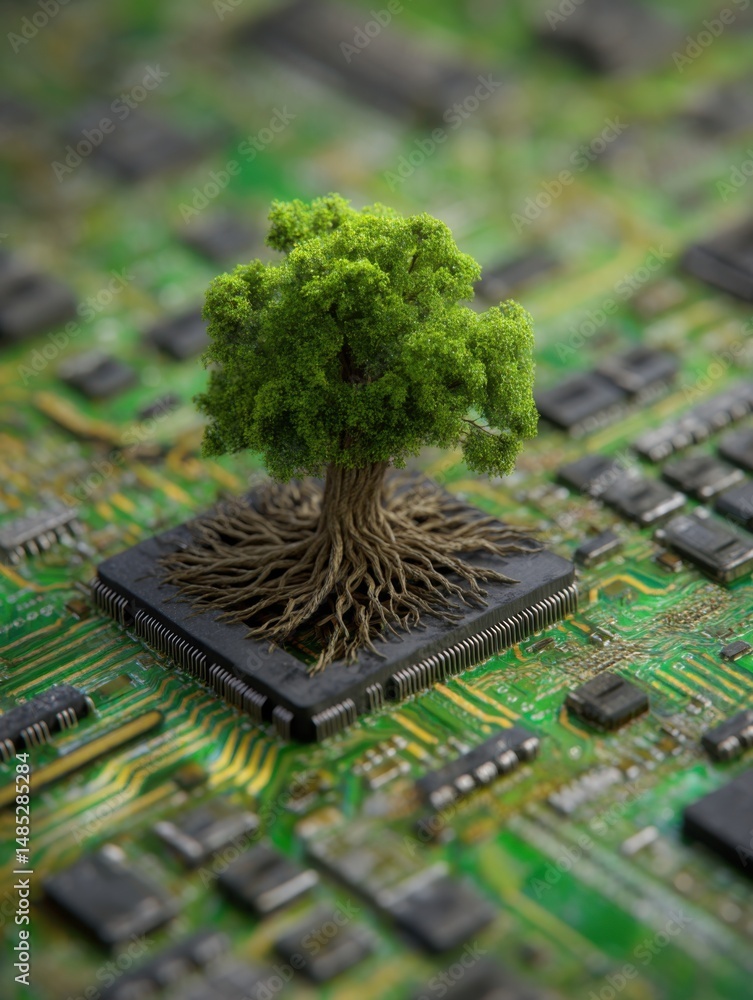 Poster tree growing from computer chip on circuit board close up symbolizing technology nature balance grow