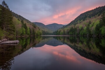 Serene Lake Landscape at Dusk with Mountain Reflections and Pink Sky at Chittenden Reservoir Vermont