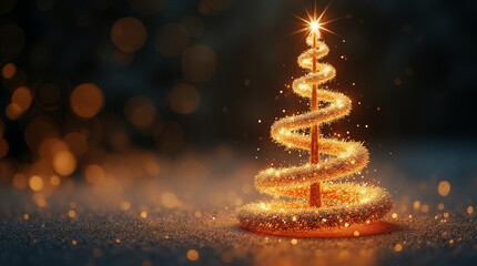 glittering golden spiral christmas tree on dark background