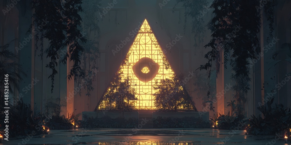 Aufkleber illuminated triangle structure in a mystical forest setting.