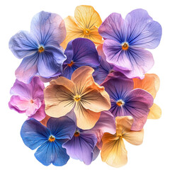 Colorful collection of pansies in various shades showcasing natural beauty and delicate details of flowers on transparent background