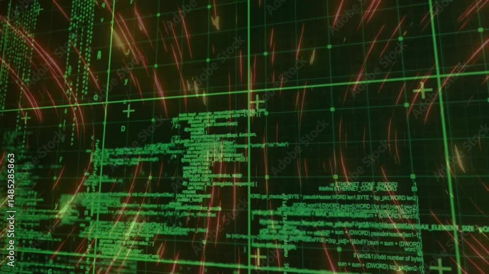 Aufkleber virtual network dashboard animating, showing green code blocks with grid nodes and red streaks