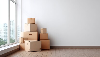 Empty room, stacked cardboard boxes,  moving day
