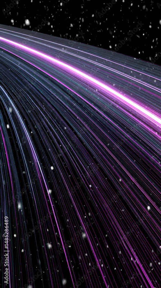 Poster abstract light trails forming a digital network with snowfall in a dark void space futuristic design