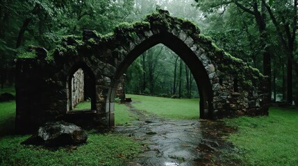 Stone archway in a lush forest