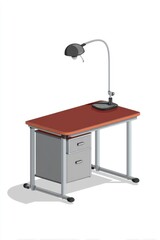 Isometric view of a desk with drawers and a lamp on a white background studio shot illustration of a workspace furniture