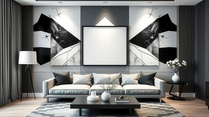 Modern living room wall art mockup template with abstract geometric design in black and white color scheme, stylish, template, interior