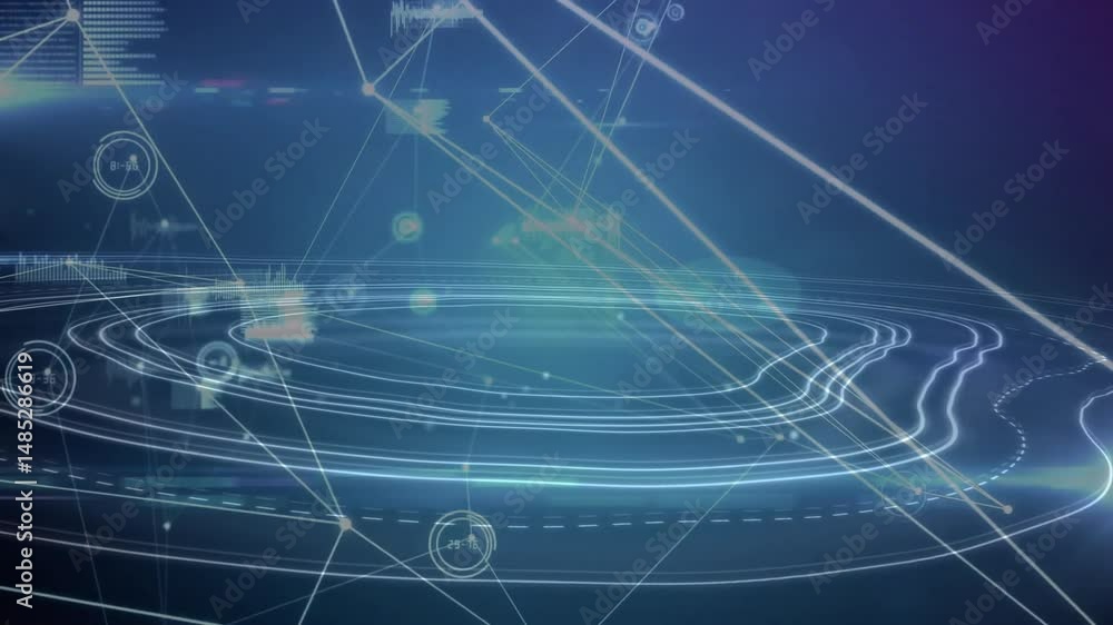 Poster Glowing circular UI linking nodes while floating bars and waves animating gradient backdrop