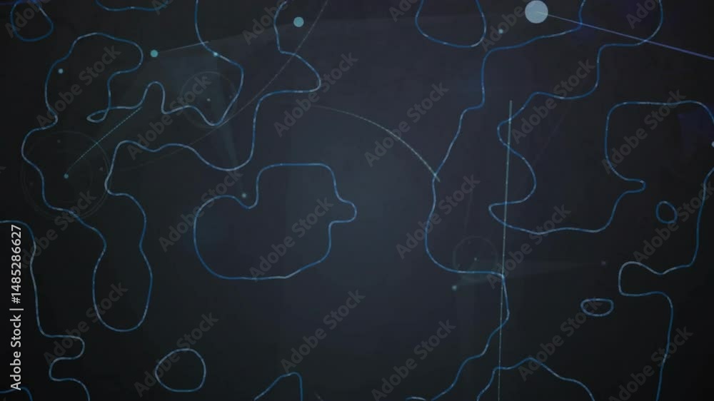 Poster large glowing blue contour shape floating over navy digital ui showing cyan lines connecting nodes