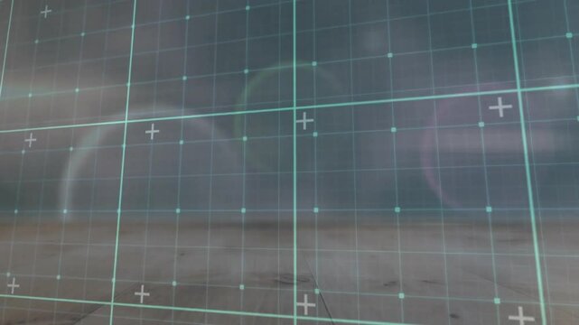 Translucent digital grid overlay showing full width featuring glowing squares and plus markers