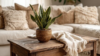 Interior plant on rustic table in living room with pillows and throw blanket in neutral tones home decor
