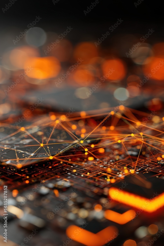 Poster abstract technology network connection background with orange lights and circuit board detail close 