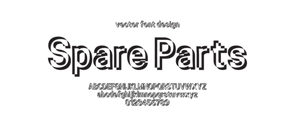 Creative outlined font with shadow effect. Uppercase, lowercase and numbers included. Bold, layered design style.