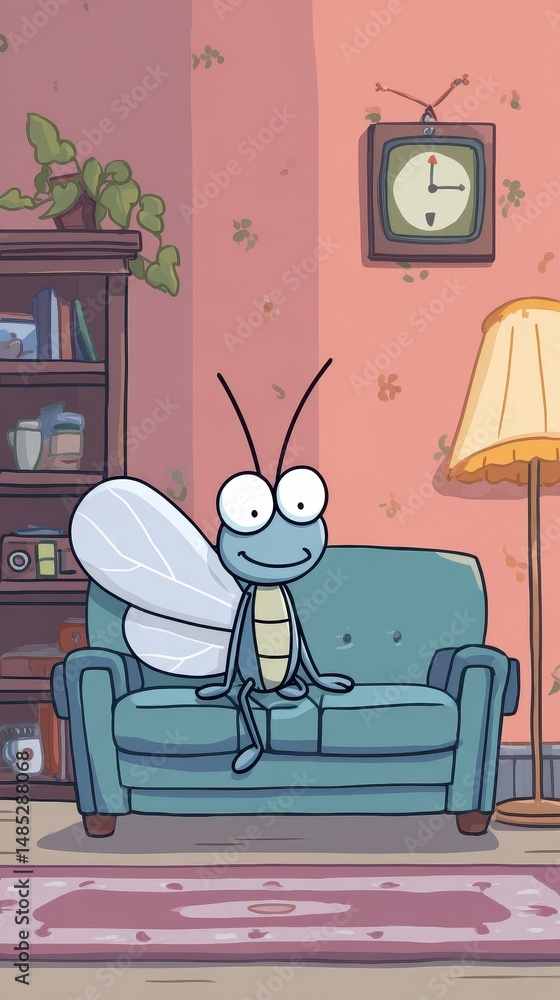 Poster animated insect character relaxing on a sofa.