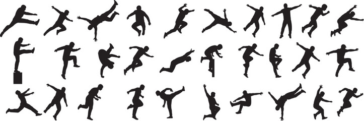 Silhouette people action poses jumping running walking standing vector illustration graphic design art