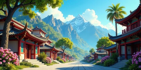 Obraz premium Serene Pathway Through Asian Architectural Wonders Nestled Amongst Lush Greenery and Majestic Mountains