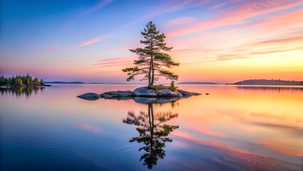 Serene Sunset over Calm Lake with Lone Pine Tree