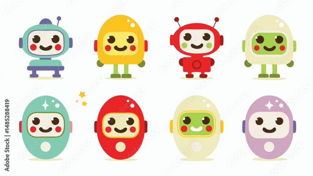 Poster collection of eight colorful cartoon robots with varied designs and friendly expressions on a white 