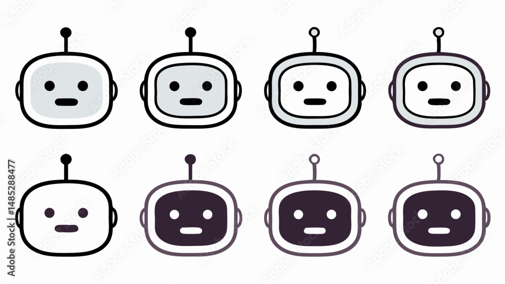 Poster collection of eight robot heads with varying shades and outlines arranged in two rows and four colum