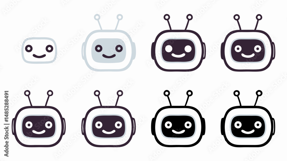 Poster eight robot icons showing a progression from simple outline to fully black robot head design