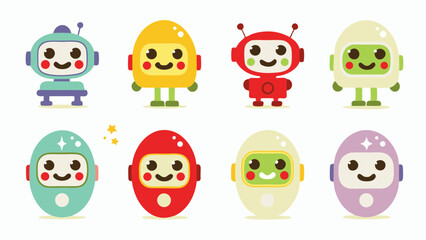 Collection of eight colorful cartoon robots with varied designs and friendly expressions on a white backdrop