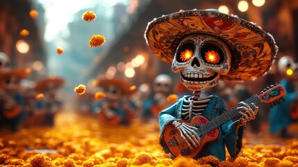 Festive Day of the Dead skeletons playing music amidst marigold flowers