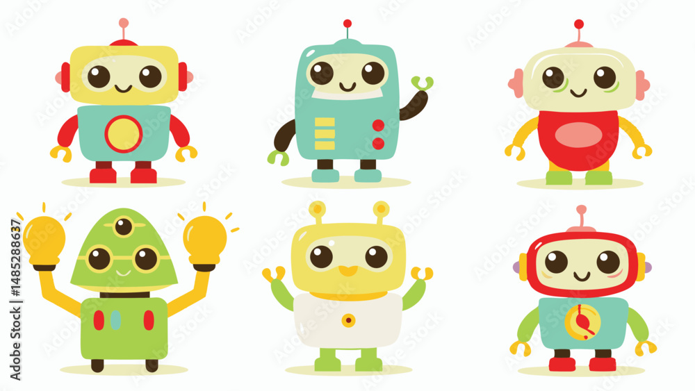 Poster illustration of six cartoon robots with different shapes colors and designs on a white background im